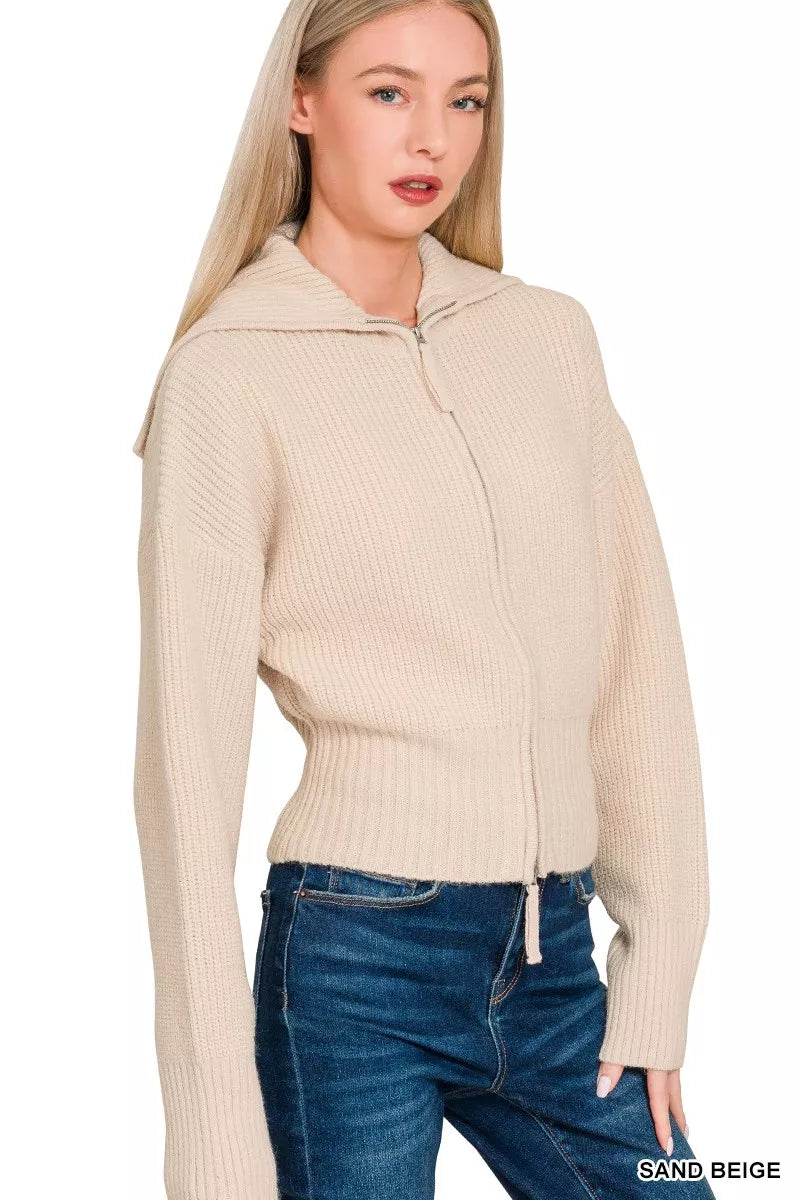 Sand Beige Zenana Ribbed Collared Zip Up Sweater Cardigan 4