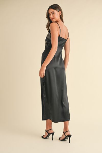 Black Mable Embroidered Cami Satin Midi Slit Dress