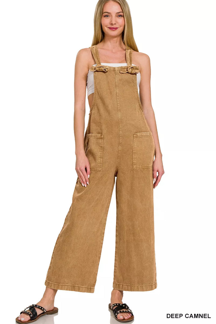 Deep Camel Zenana Washed Knot Strap Pockets Jumpsuit 2