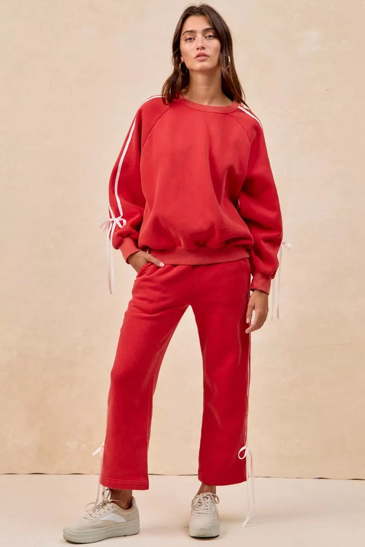 Red Bibi Side Lined Bow Details Fleece Sweatpants