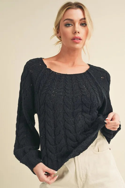Black Aemi Co Cable Knit Openwork Round Neck Sweater