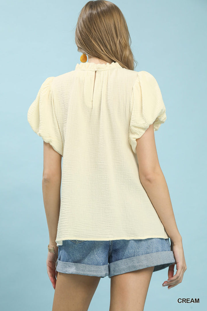 Cream Umgee Textured Gauze Ruffle Neck Boho Top