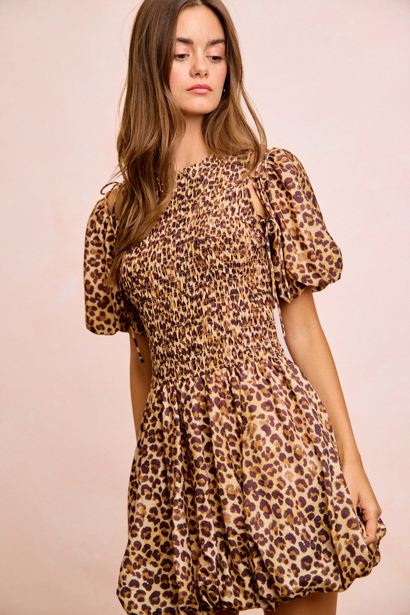Bibi Leopard Bow Tie Attachable Puff Sleeves Dress
