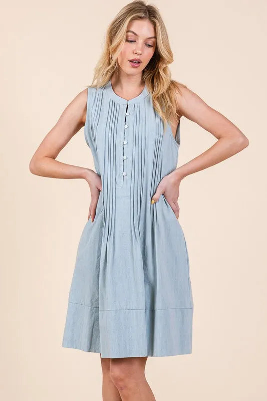 Lime N Chili Denim Pintuck Detail Sleeveless Midi Dress