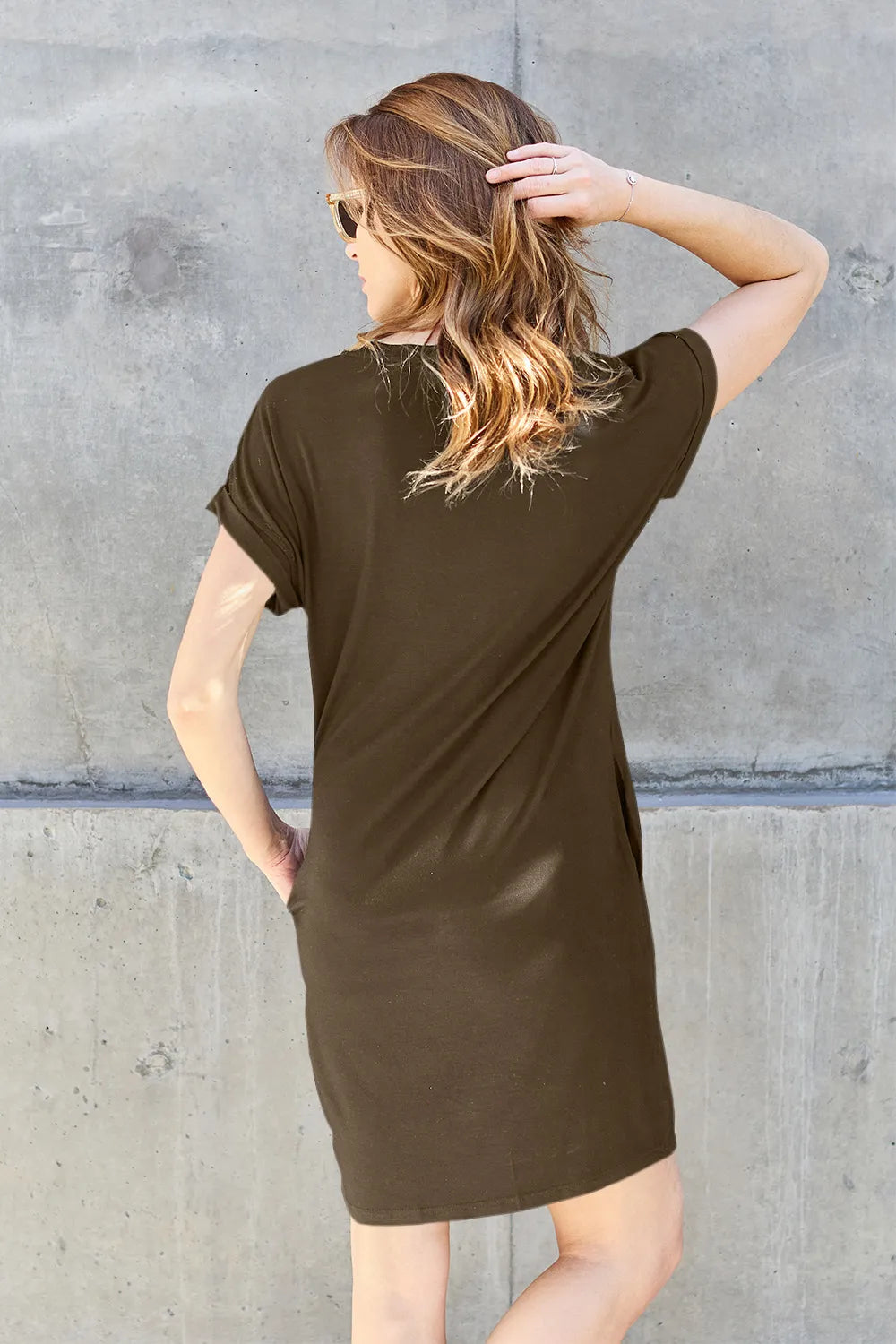 Mocha Basic Bae Full Size Round Neck Short Sleeve Dress With Pockets