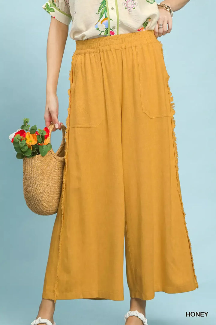 Honey Umgee Linen Frayed Side Pocket Wide Leg Pants
