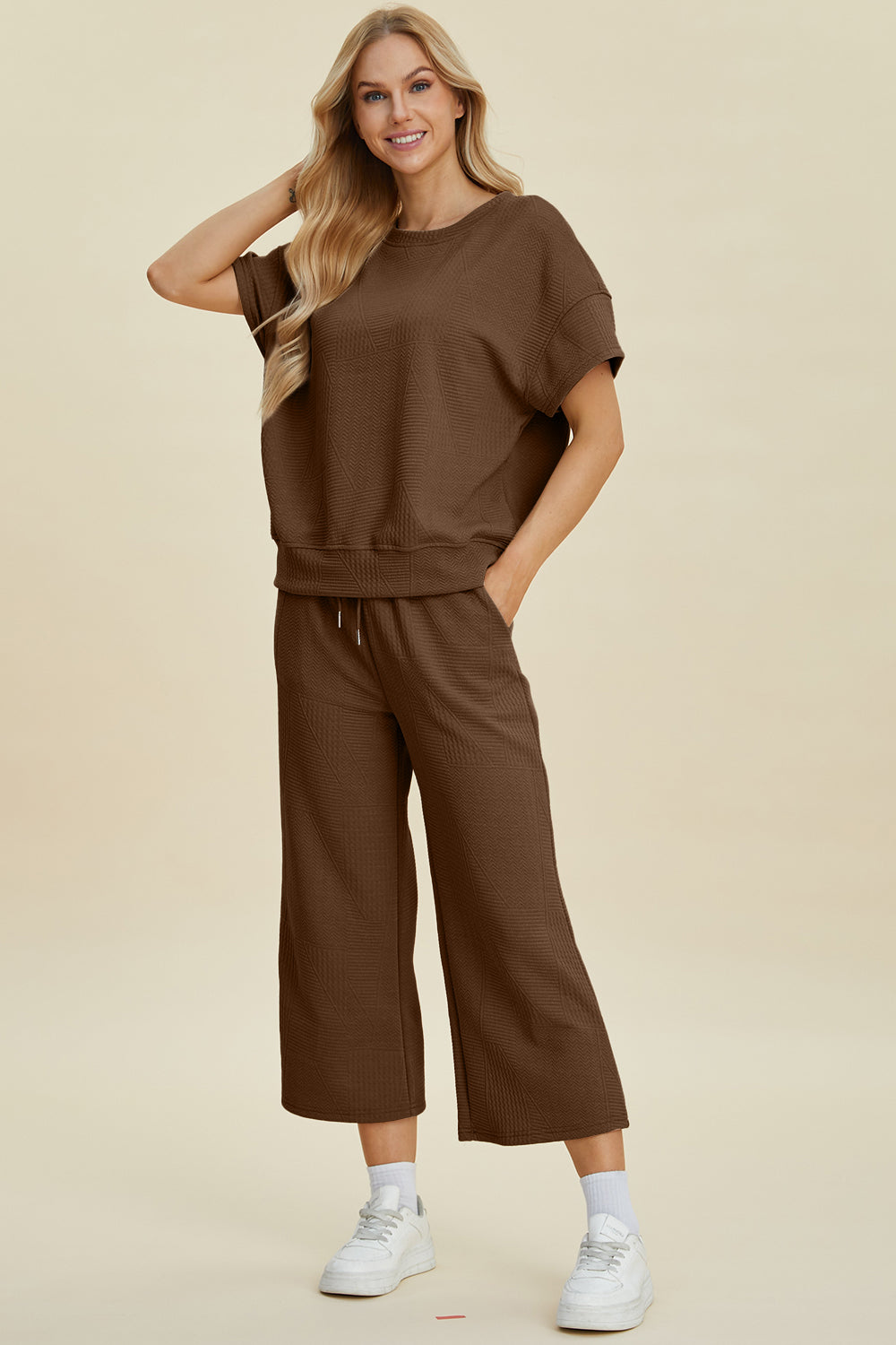 Brown Double Take Full Size Texture Round Neck Top And Pants Set