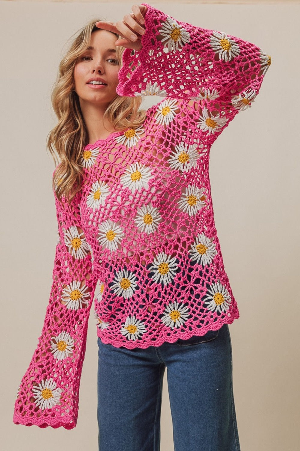 Fuchsia Bibi Floral Crochet Net Lace Cover Up
