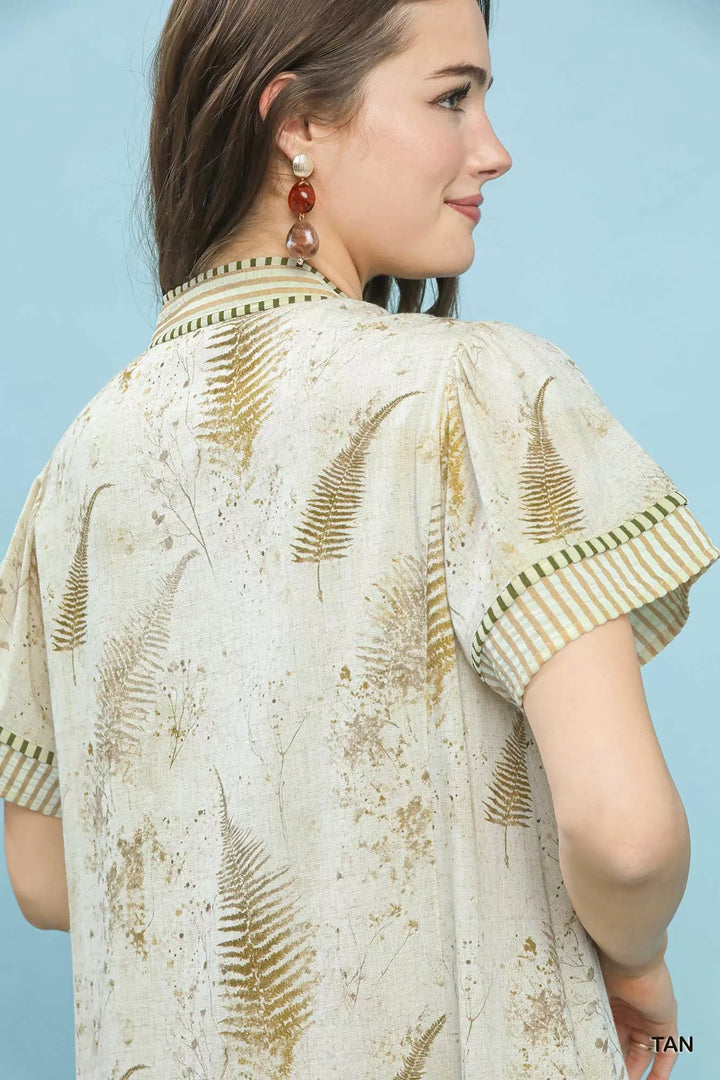 Umgee Linen Printed Button Front Tiered Mini Dress