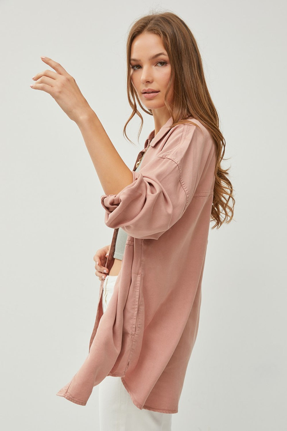 Mauve Risen Full Size Button Up Long Sleeve Denim Shirt