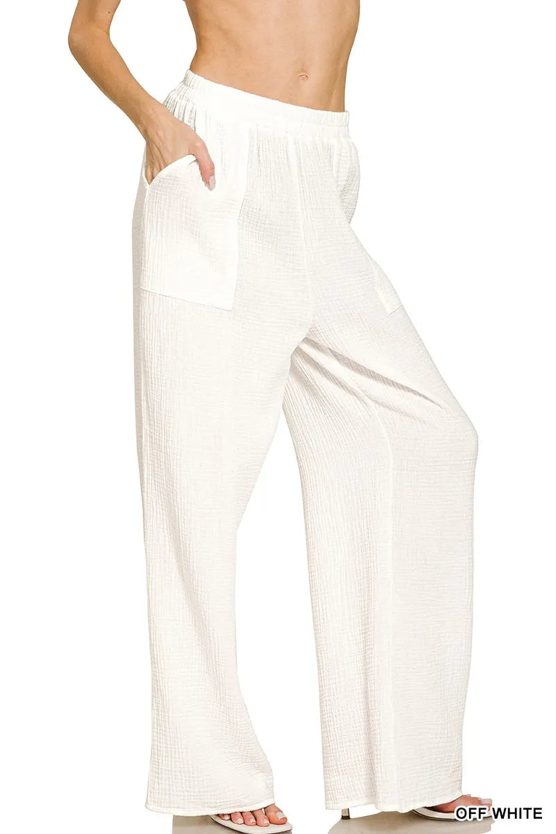 Off White Zenana Double Gauze Elastic Band Pants