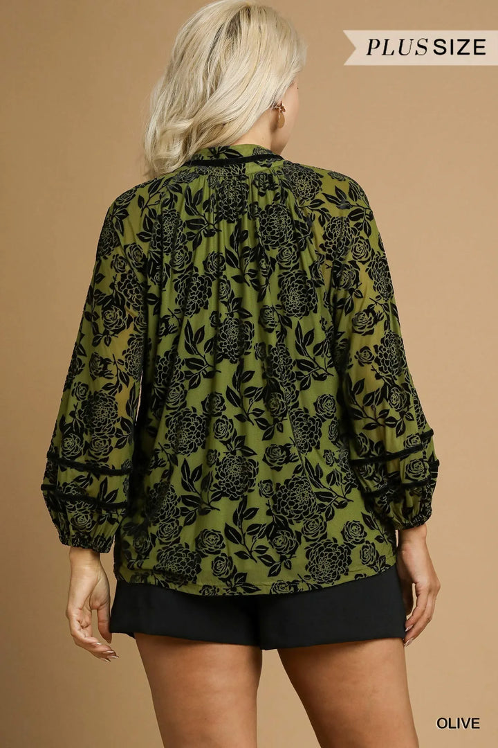 Umgee Full Size Floral Velvet Blouse With Balloon Sleeves Plus Size