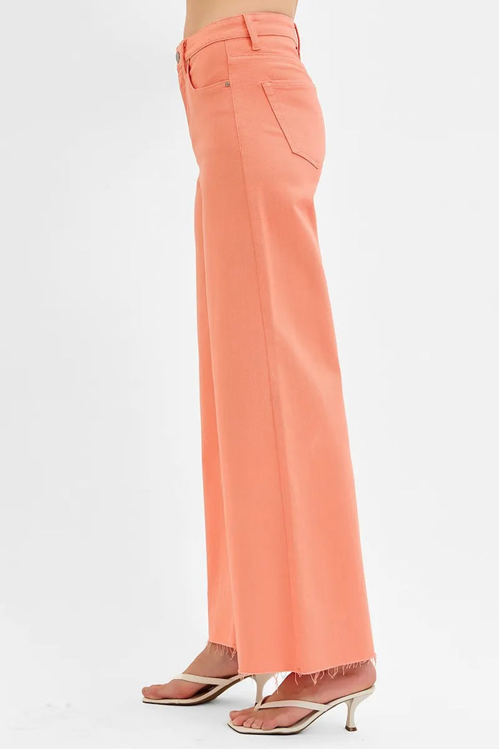 Coral Peach Risen Full Size Tummy Control High Rise Wide Leg Palazzo Jeans Plus Size