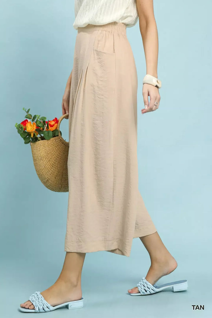Tan Umgee Solid Pleat Wide Leg Cropped Pants