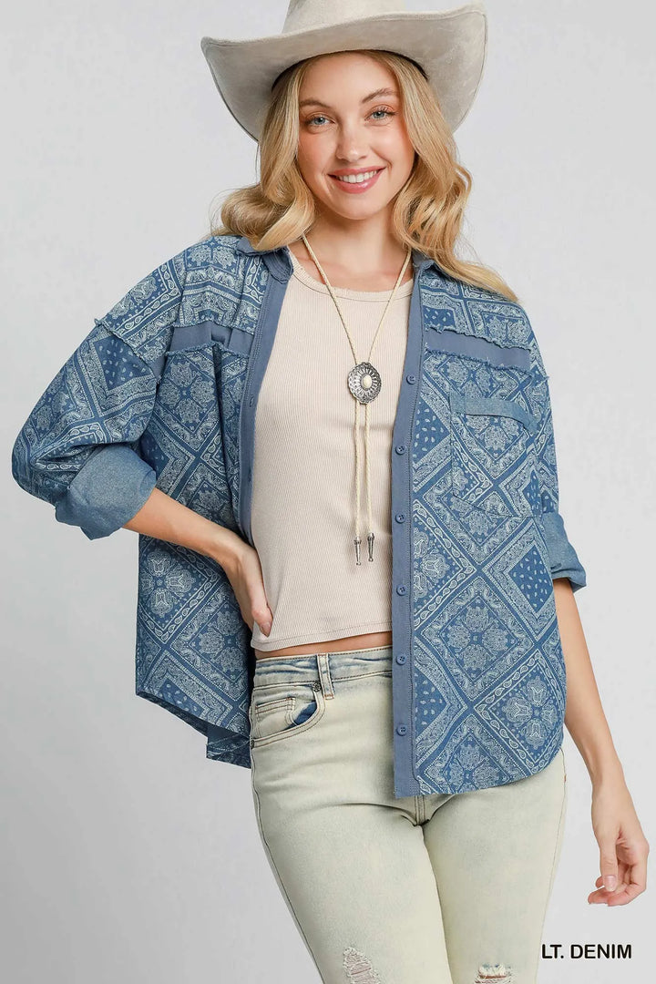 Lt. Denim Umgee Paisley Print Denim Shirt Jacket