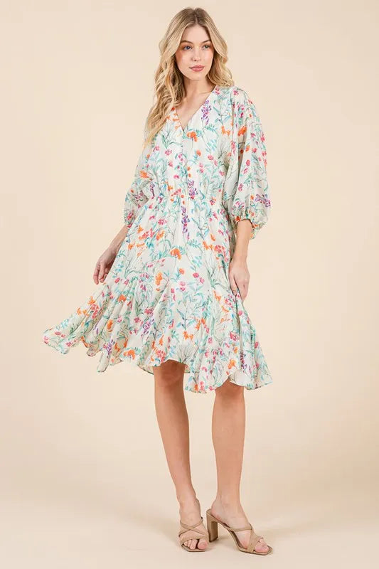 Lime N Chili Floral Cinched Waist Balloon Sleeve V Neck Dress