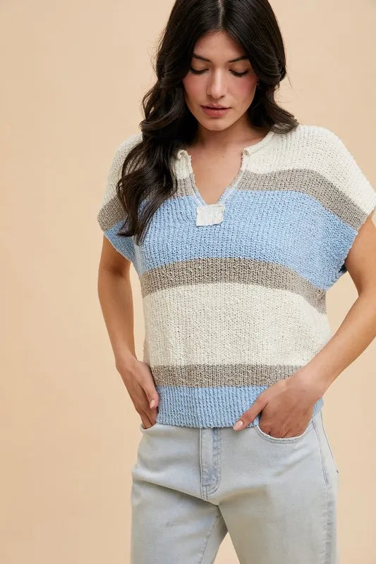 Ivory/Denim Blue Annie Wear Low Gauge Color Block Textured Sweater Top 1