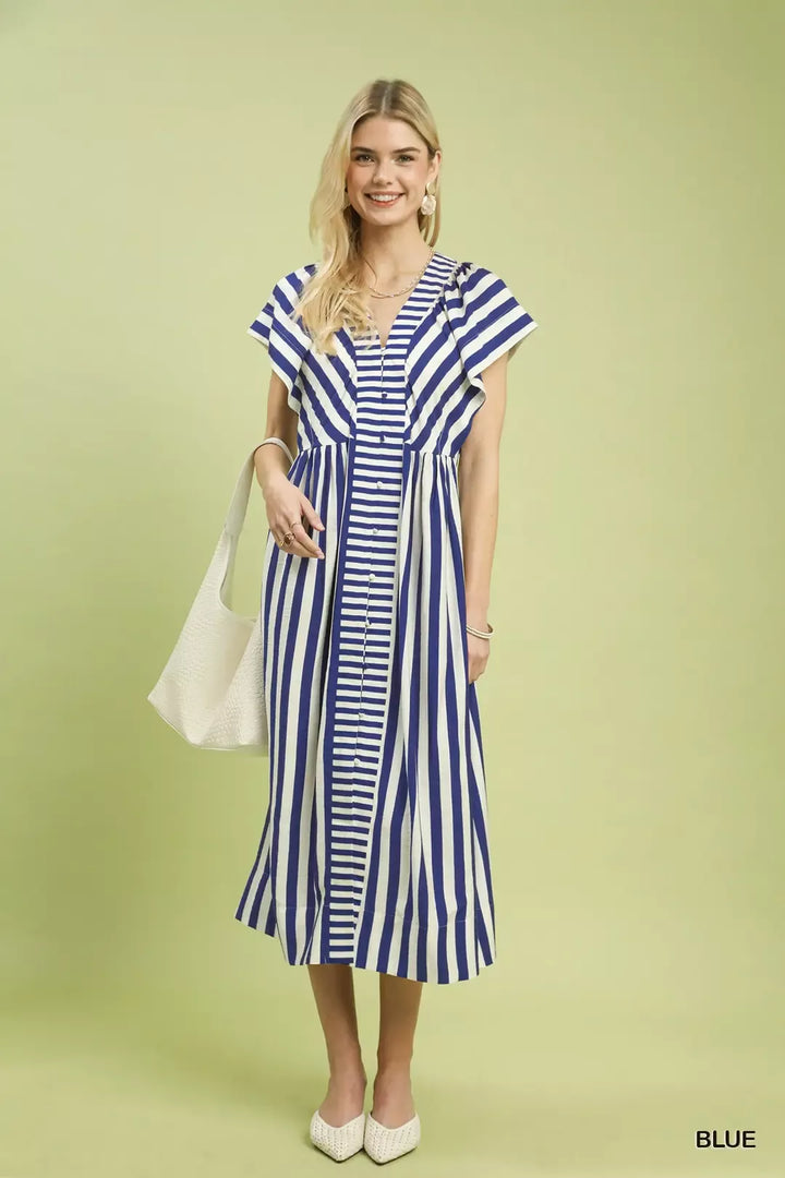 Blue Umgee Striped Button Front Midi Dress
