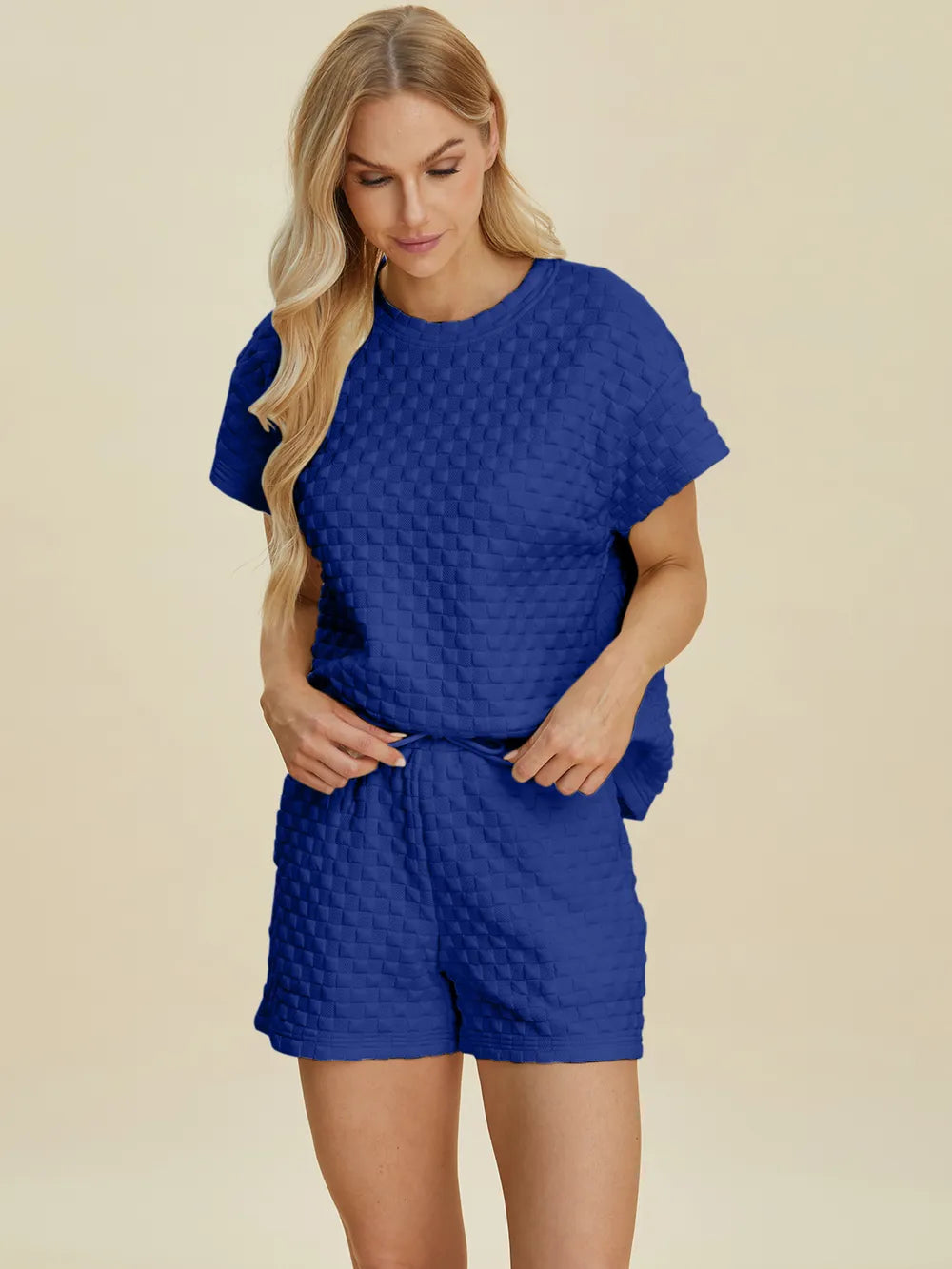 Royal Blue Double Take Full Size Texture T Shirt And Shorts Set