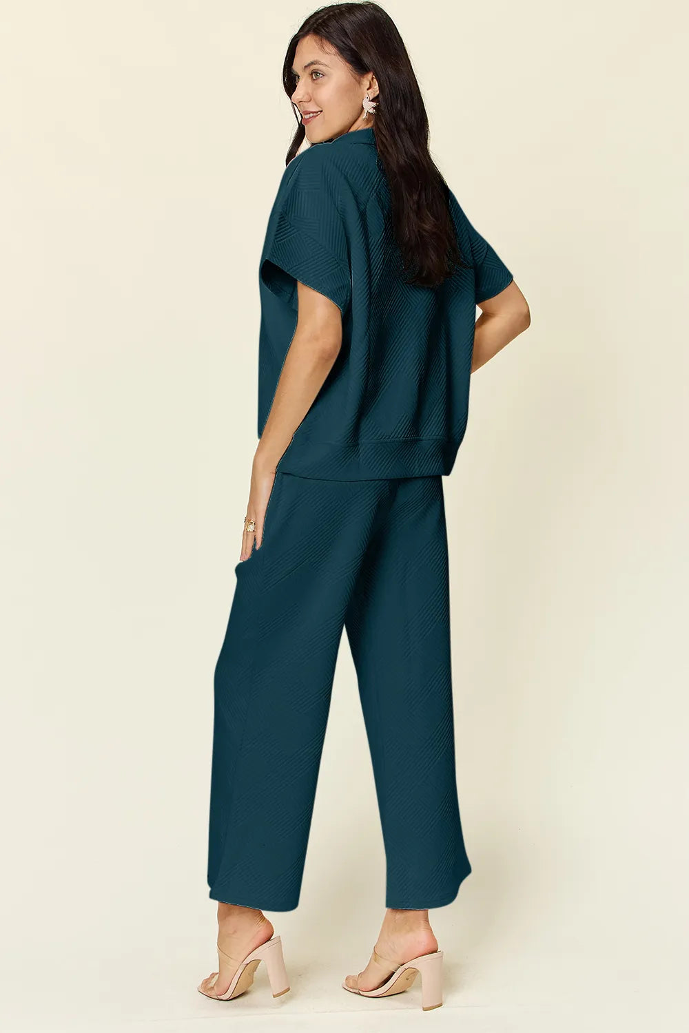Deep Teal Double Take Full Size Texture Half Zip Short Sleeve Top And Pants Set 1