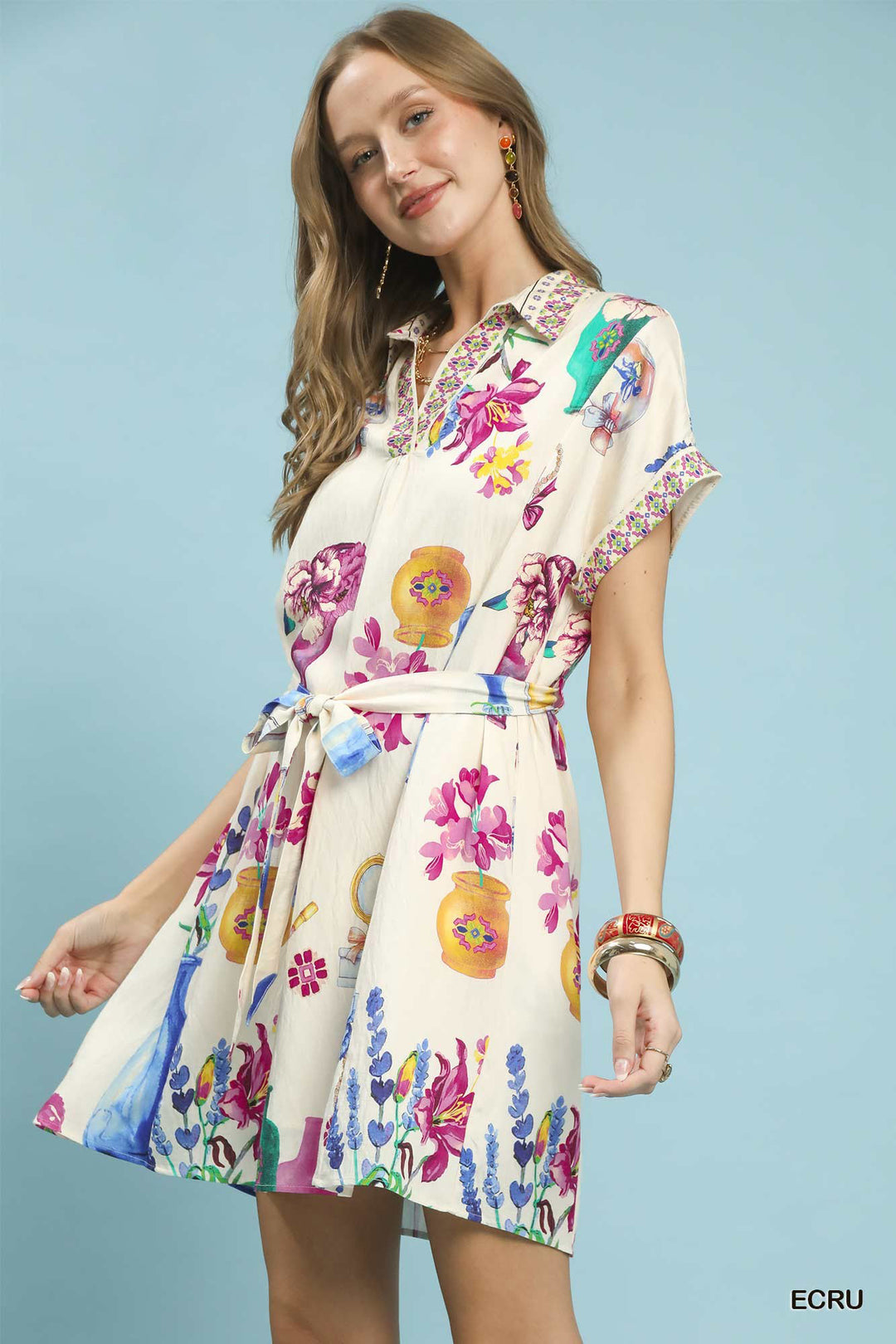 Ecru Umgee Floral Print Mini Dress With Belt
