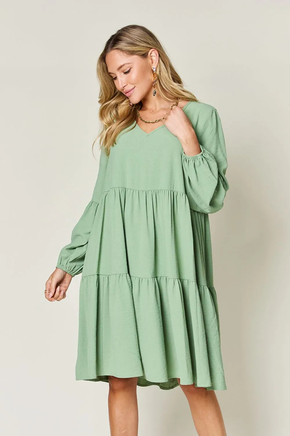 Light Green Double Take Full Size V Neck Balloon Sleeve Tiered Dress With Pockets