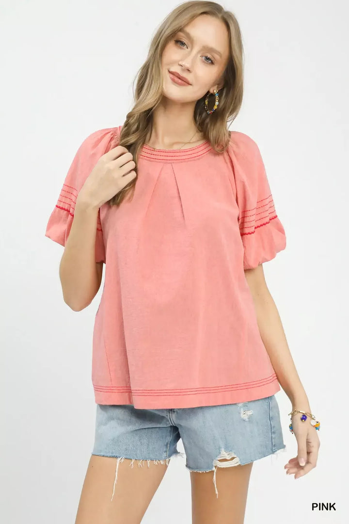 Pink Umgee Round Neck Puff Sleeve Top With Contrast Stitch Detail 2