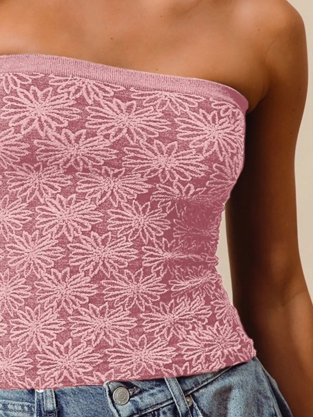 Vintage Pink So Me Jacquard Floral Two Tone Seamless Tube Top