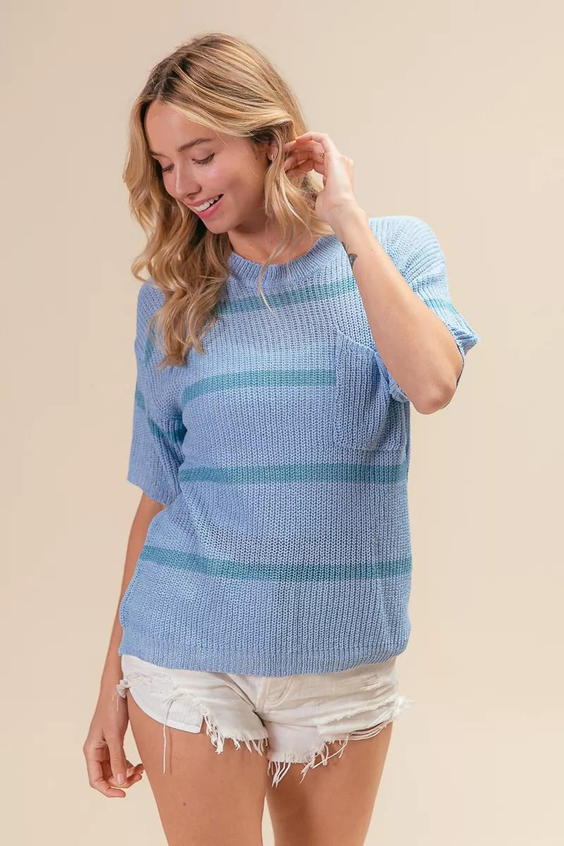 Denim/Navy Bibi Patch Pocket Striped Lightweight Sweater Top