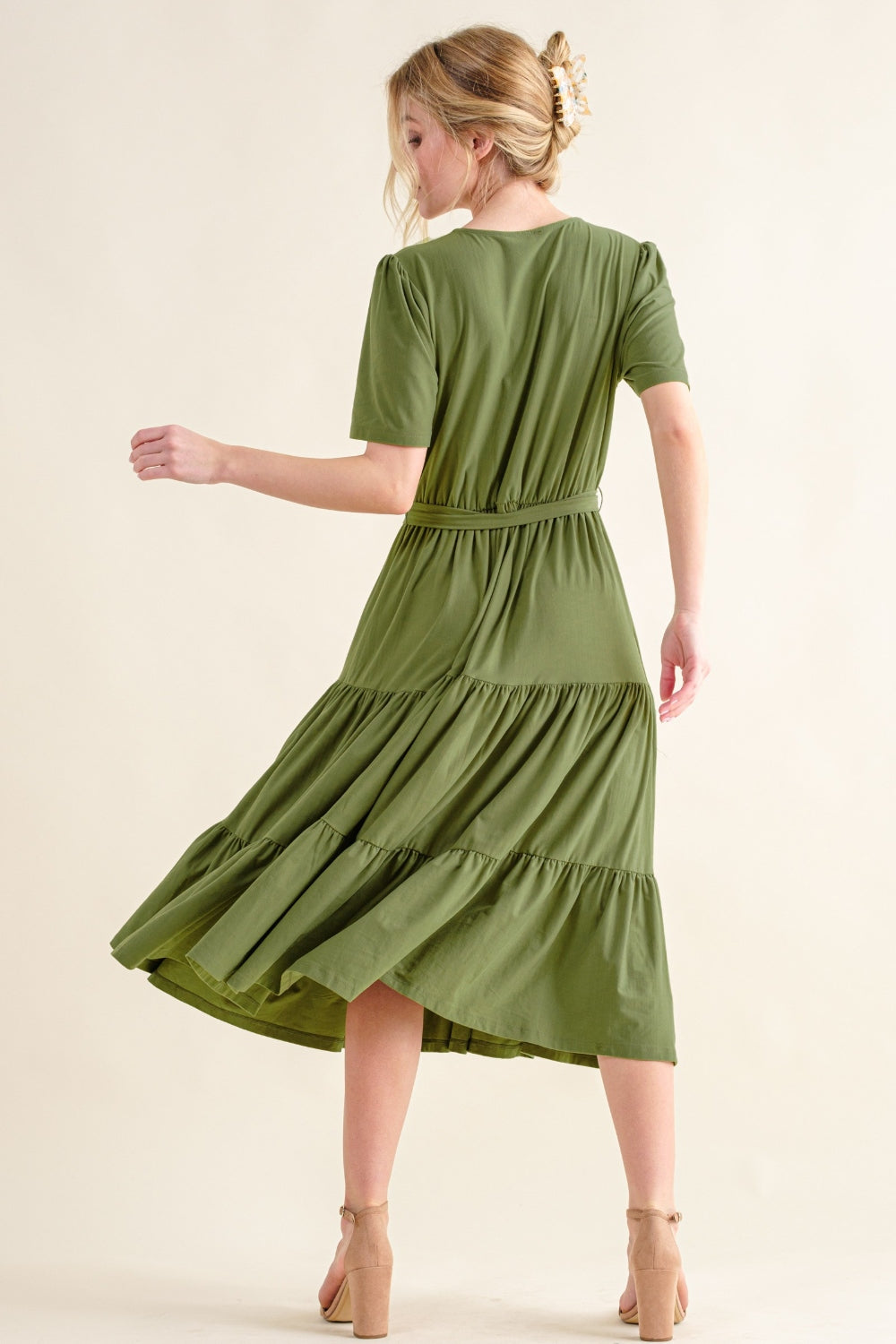 GREEN And The Why Soft Short Sleeve Tiered Midi Dress