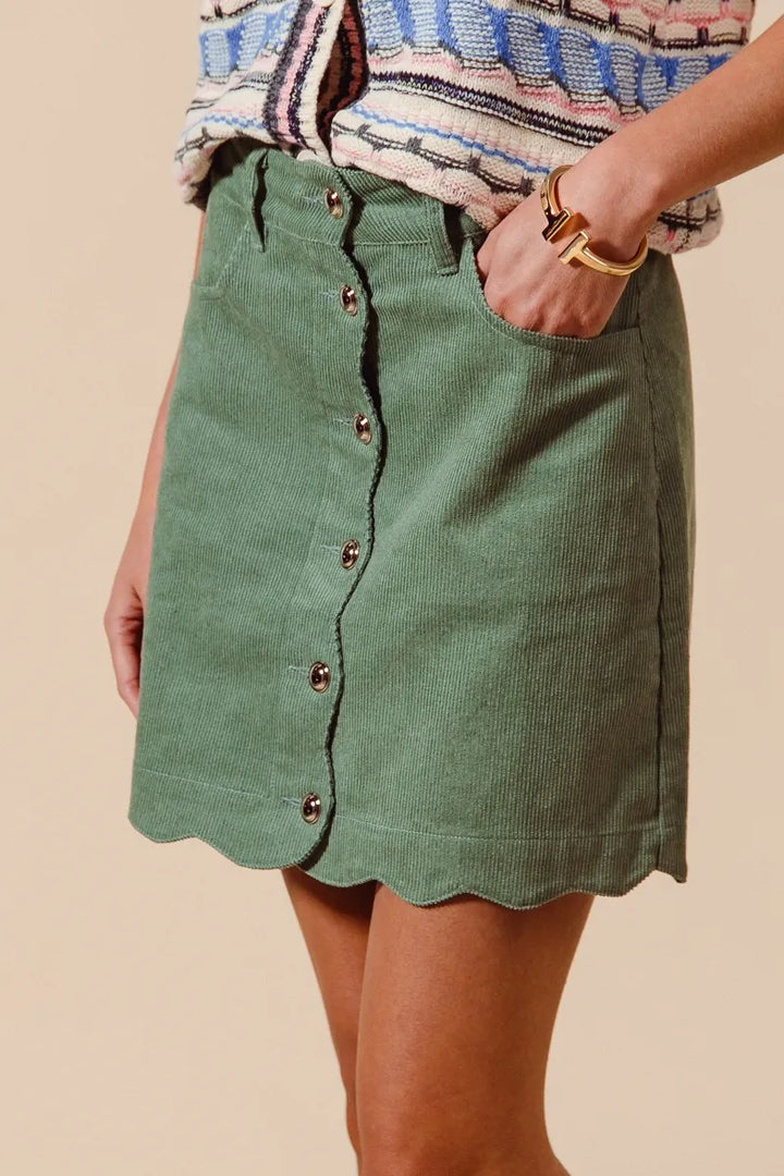 Dusty Sage So Me Scallop Buttoned Front Corduroy Mini Skirt 3