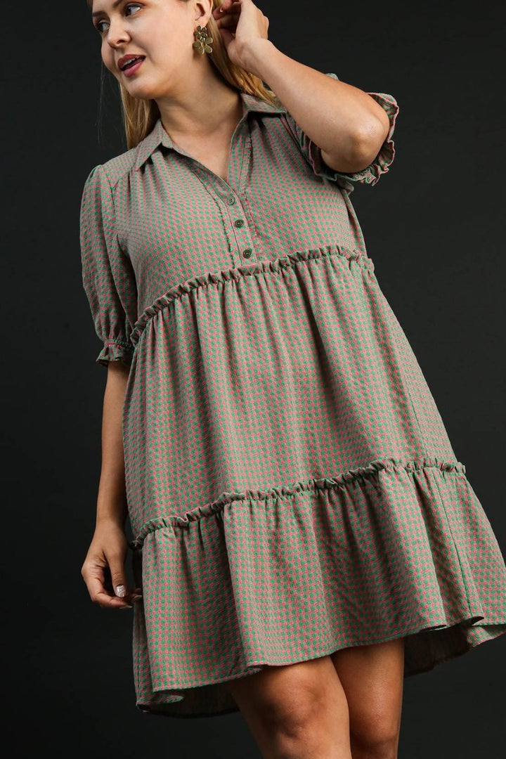 GREEN/PINK Umgee Full Size Plaid Frill Button Detail Ruffled Short Sleeve Dress Plus Size