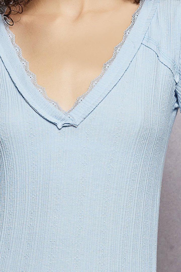 Pol V Neck Long Sleeve Ribbed Top With Lace Accent Neckband 2