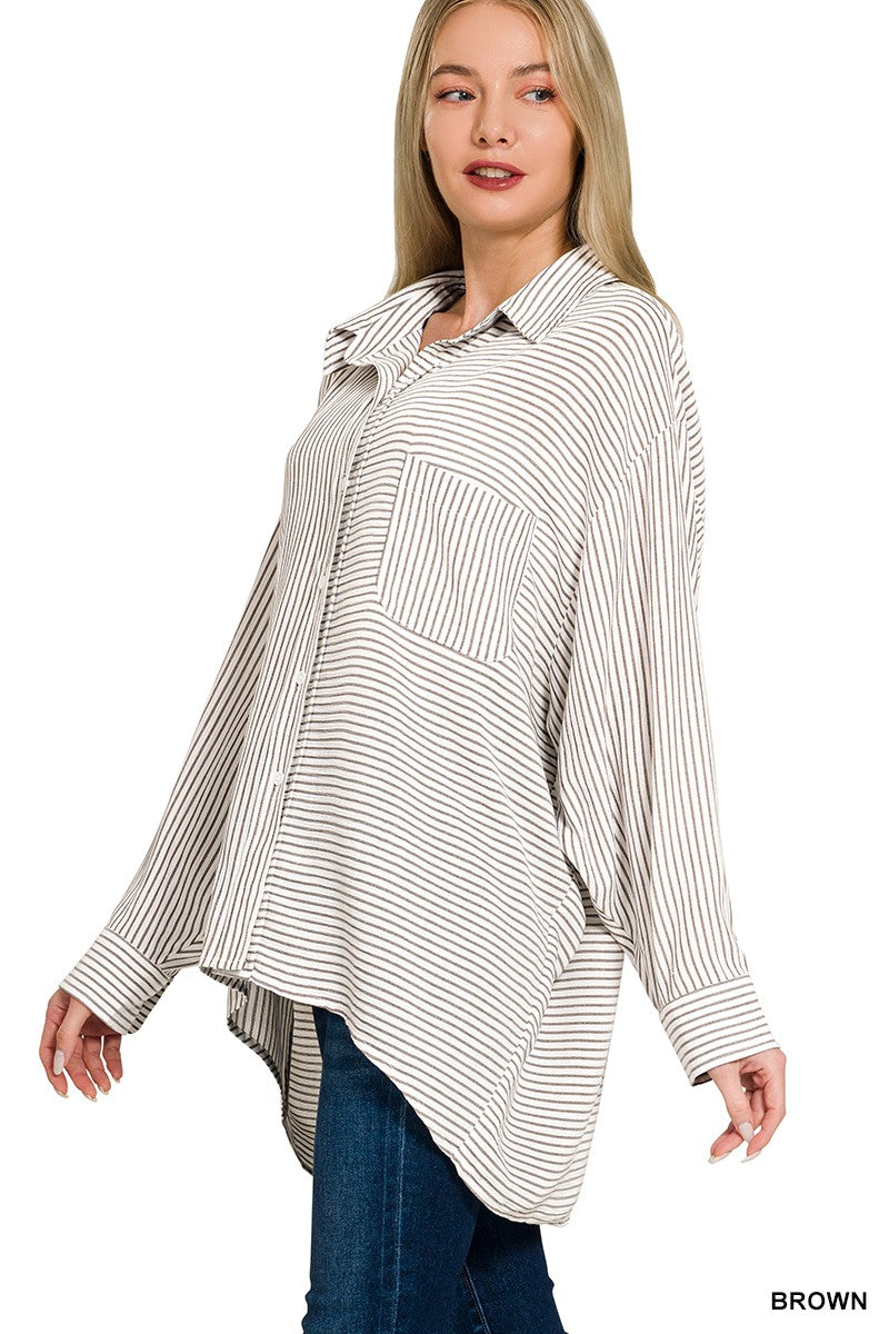 Brown Woven Stripe Button Down Shirt