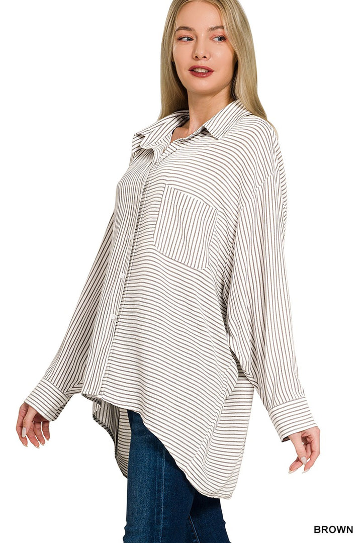Brown Woven Stripe Button Down Shirt