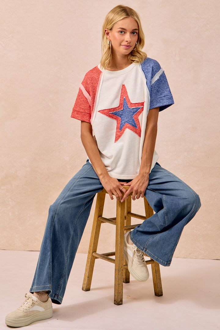 Bibi Contrast French Terry Cut Edge Detail Fourth Of July Theme T Shirt