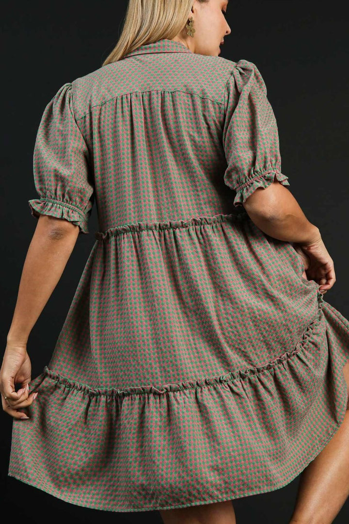 GREEN/PINK Umgee Full Size Plaid Frill Button Detail Ruffled Short Sleeve Dress Plus Size