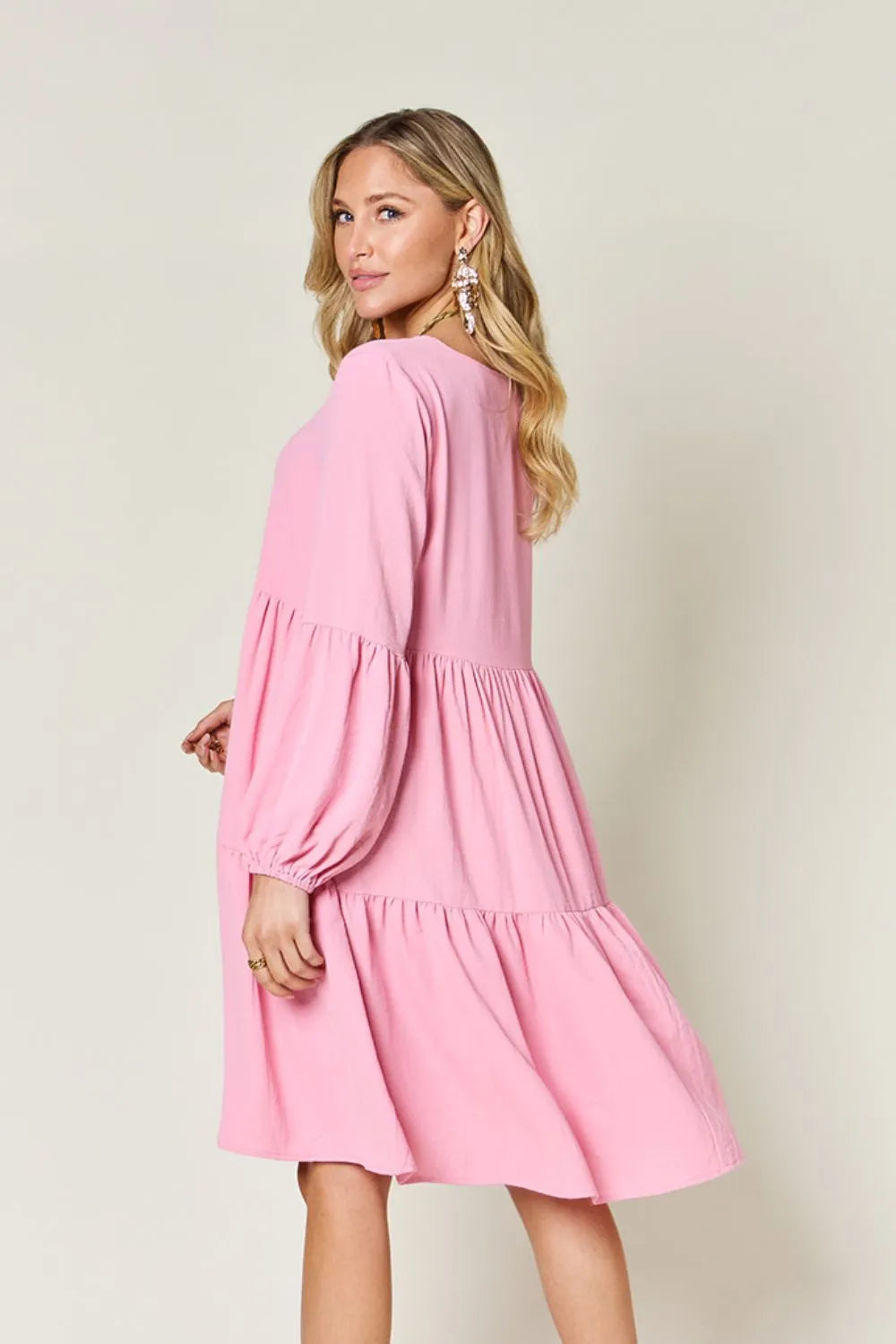 Pink Double Take Full Size V Neck Balloon Sleeve Tiered Dress With Pockets
