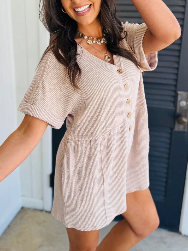 Beige Casual Button Front Ribbed Romper