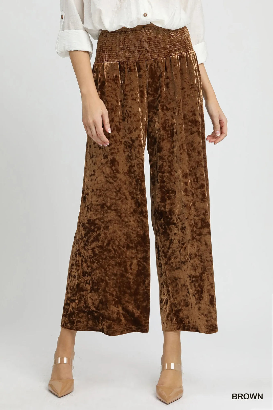 Brown Umgee Velvet Smocked Waistband Wide Leg Pants