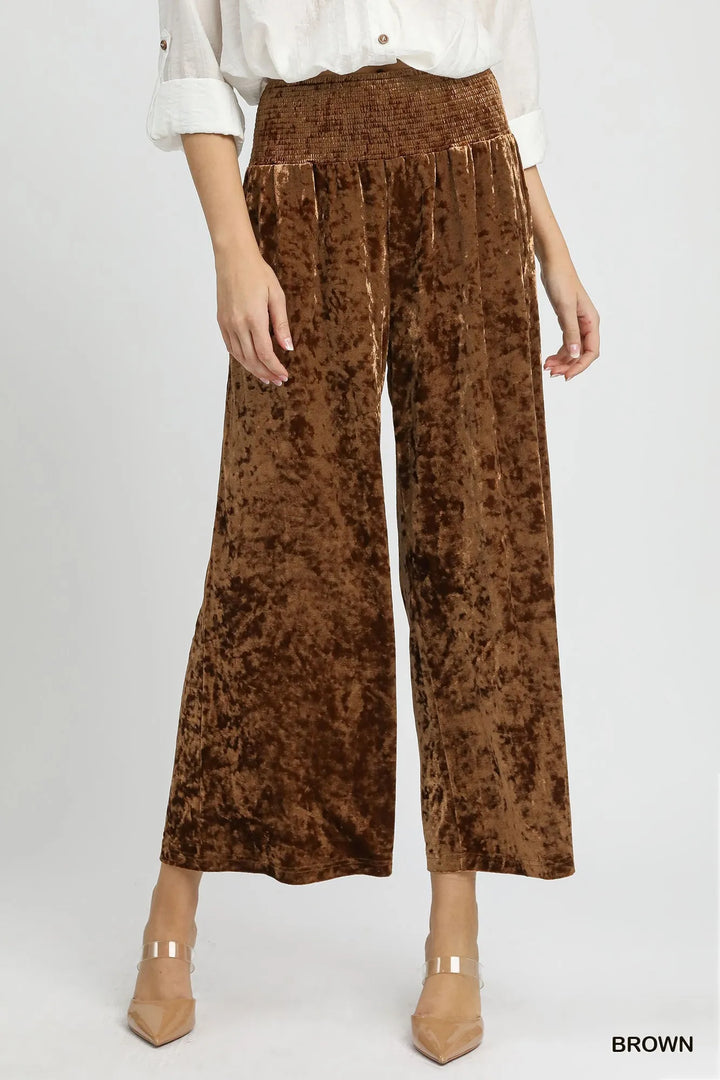 Brown Umgee Velvet Smocked Waistband Wide Leg Pants