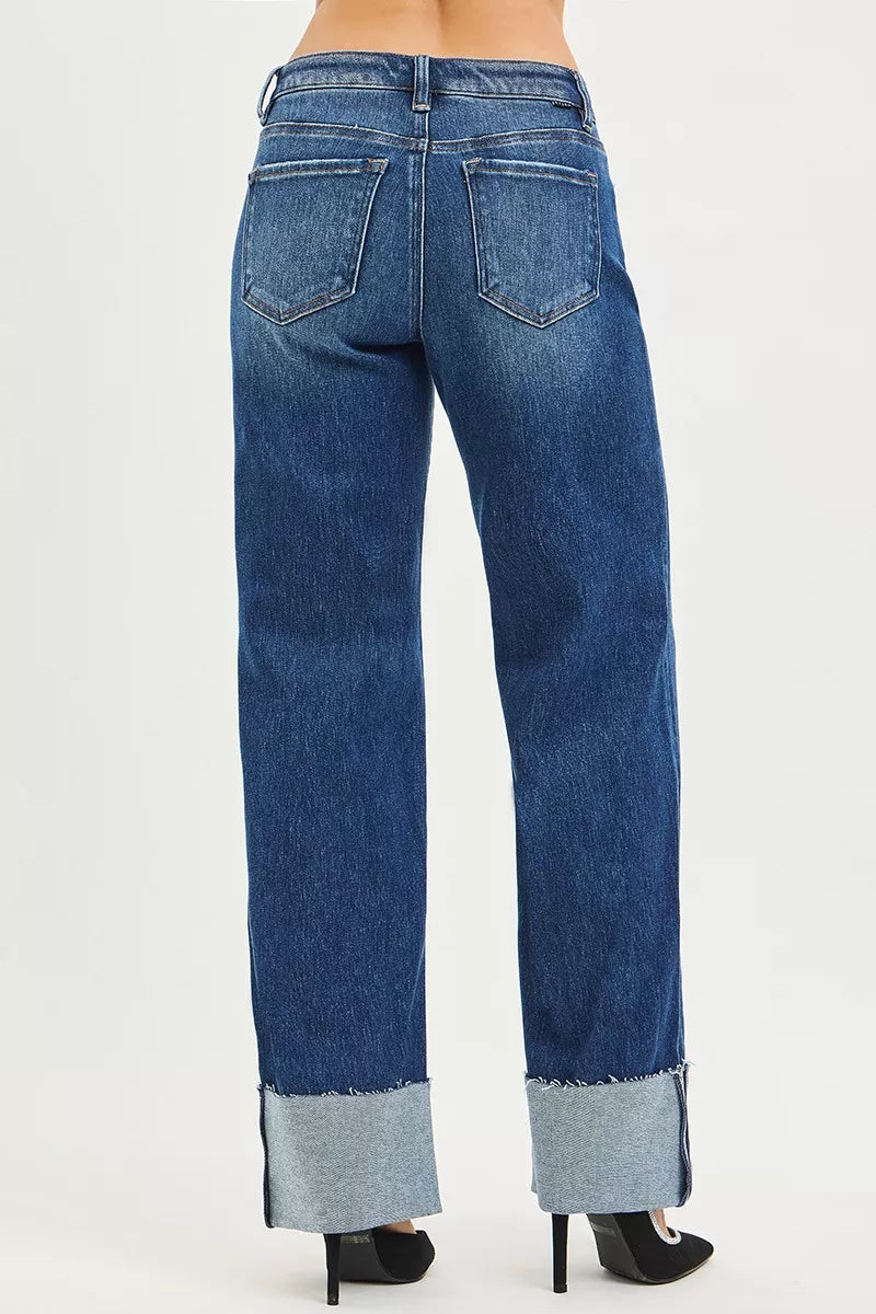 Dark Risen Mid Rise Wide Straight Jeans With Wide Cuff