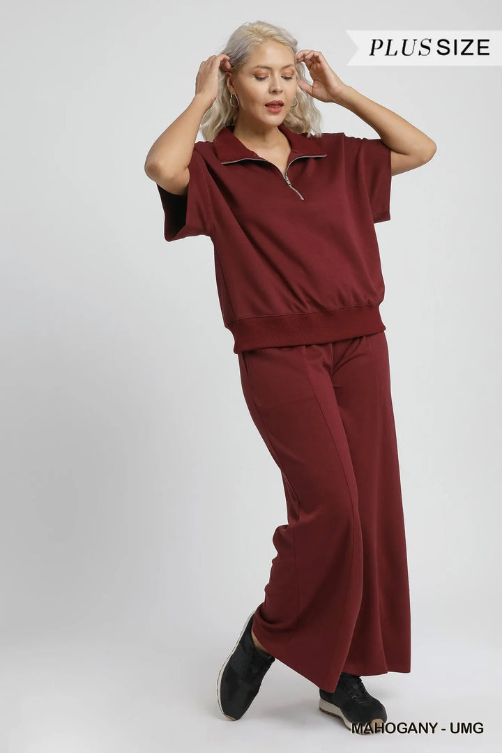 Mahogany Umgee Full Size Half Zip Short Sleeve Top Plus Size