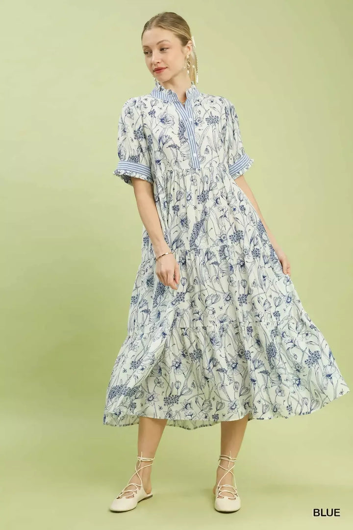 Blue Umgee Floral Tiered Midi Dress With Ruffle Trim