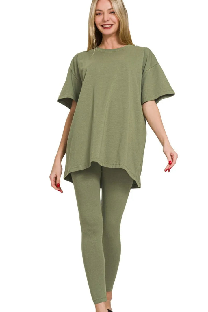 Lt Olive Zenana Cotton Round Neck Top Legging Set 3