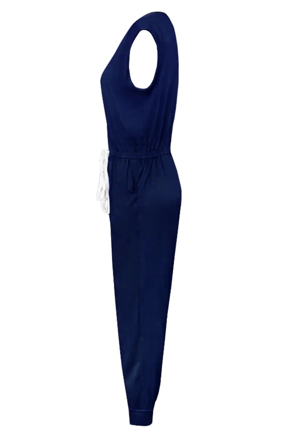 Dark Blue Drawstring Round Neck Sleeveless Jumpsuit