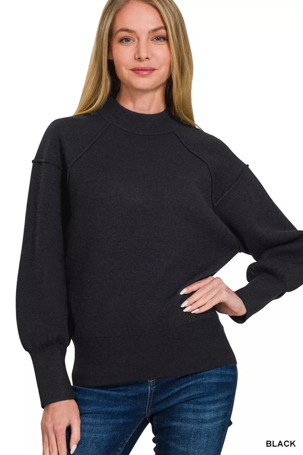 Black Zenana Viscose Mock Neck Exposed Seam Sweater