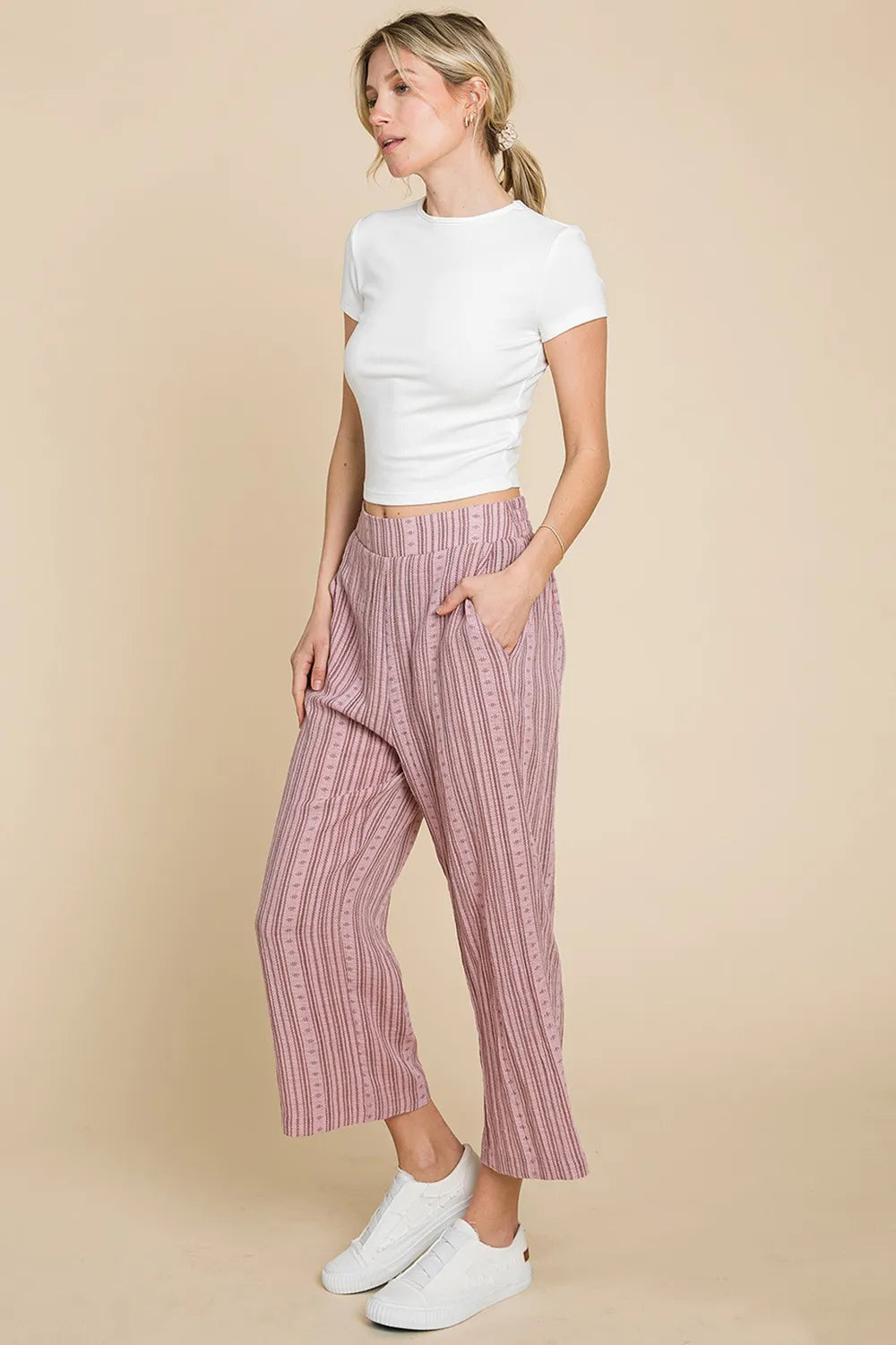 Pink Cotton Bleu By Nu Lab Striped Elastic Waist Wide Leg Pants