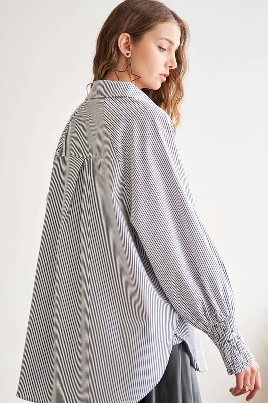 Gray Adora High Low Striped Button Down Smocked Lantern Sleeve Shirt
