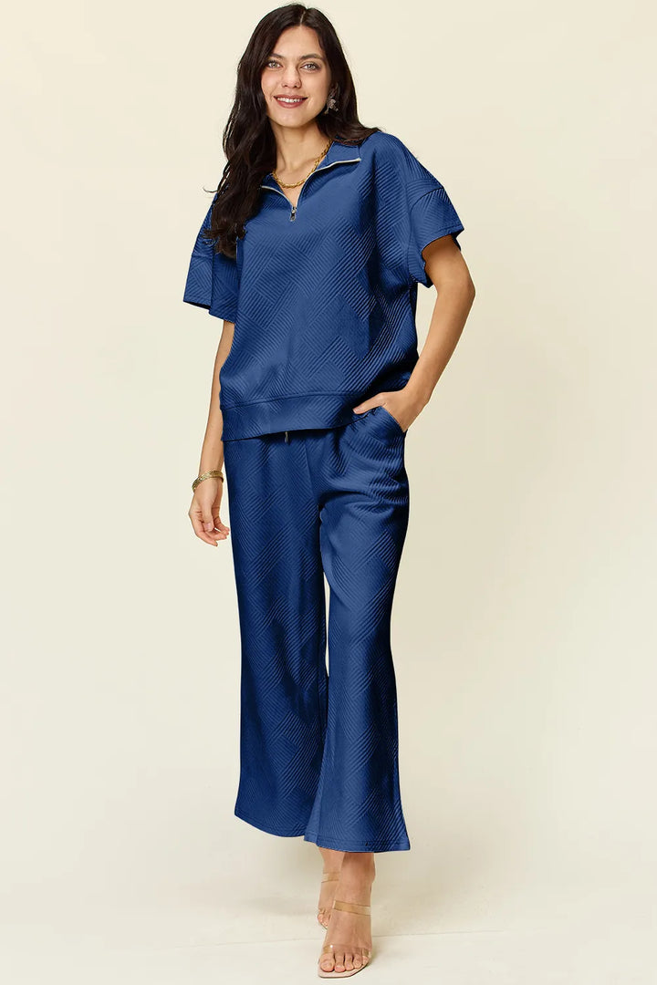 Deep Teal Double Take Full Size Texture Half Zip Short Sleeve Top And Pants Set 1